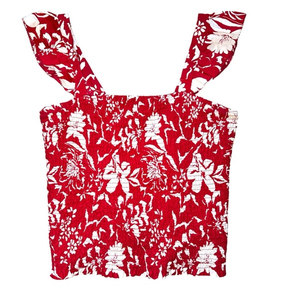 Old Navy Fitted Ruffle-Trim Smocked Floral Top for Women Red Floral Large - Picture 1 of 9